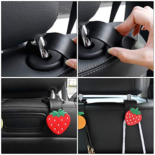 Garneck 6pcs Car Seat Headrest Hooks Cartoon Strawberry Back Seat Organizer Hanger Storage Rack for Handbag Clothes Purse Umbrellas Coats Grocery Bags Holder