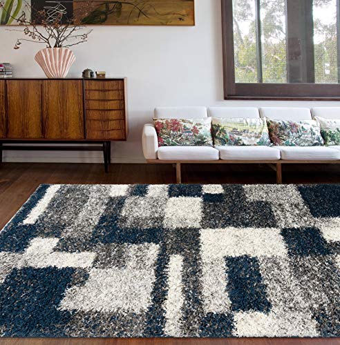 Rugshop Distressed Modern Boxes Plush Shag Area Rug 5' x 7' Navy