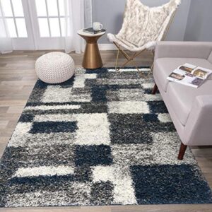 Rugshop Distressed Modern Boxes Plush Shag Area Rug 5' x 7' Navy