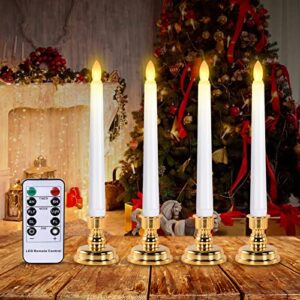 josu led window candles, christmas flameless window candle lights with timer battery operated, 4 3d wick light window candle+4 removable gold candle holders+remote, for decor &festival celebration