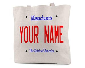bleu reign reusable tote bag personalized custom name massachusetts state license plate linen travel