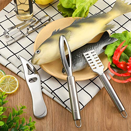 7 Pieces Fish Scaler Brush Remover with Gray Mitten, Stainless Steel Sawtooth Remover Removing Peeler Cleaning Tool Fish Shape Tweezers for Fish Scales Removing Peeling
