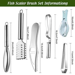 7 Pieces Fish Scaler Brush Remover with Gray Mitten, Stainless Steel Sawtooth Remover Removing Peeler Cleaning Tool Fish Shape Tweezers for Fish Scales Removing Peeling