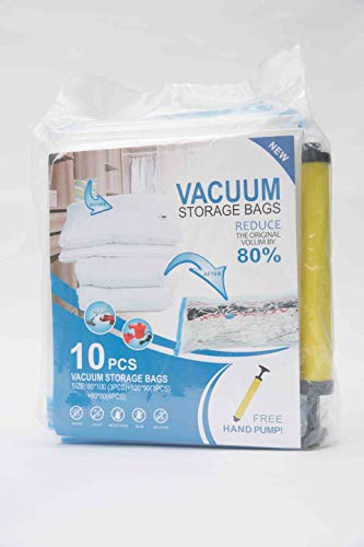 Olmecs 10-pack Vacuum Space Saver Storage Bags with Vacuum Travel Hand Pump Space Saver for Clothes Blankets Duvets Pillows Comforters