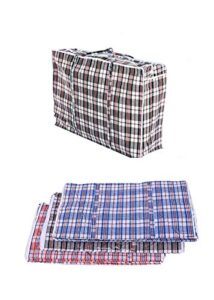 yudong a set of 4 extra-large plastic checkered storage laundry shopping bags with zippers and handles, size 23x23x5 inches, color changes between blue, red and black