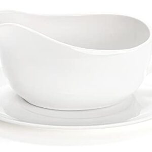 Yesland 15 oz Gravy Boat and Tray, Ceramic White Gravy Sauce Boat with Saucer Stand for Dining, Holiday Meals & Parties