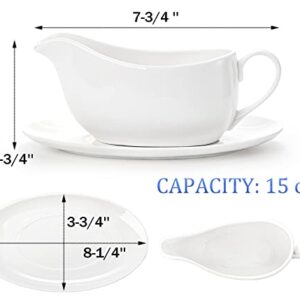 Yesland 15 oz Gravy Boat and Tray, Ceramic White Gravy Sauce Boat with Saucer Stand for Dining, Holiday Meals & Parties