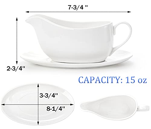 Yesland 15 oz Gravy Boat and Tray, Ceramic White Gravy Sauce Boat with Saucer Stand for Dining, Holiday Meals & Parties