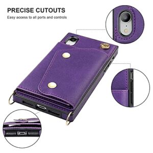 KIHUWEY iPhone Xr Crossbody Case with Wallet Card Holder,Kickstand Wrist Strap Shoulder Cross Body Zipper Purse Bag Cover Case (Purple)