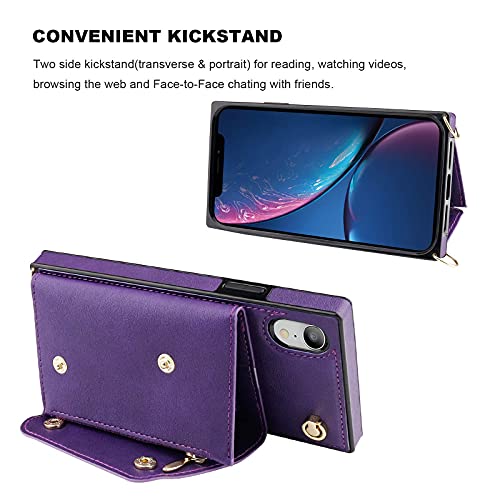KIHUWEY iPhone Xr Crossbody Case with Wallet Card Holder,Kickstand Wrist Strap Shoulder Cross Body Zipper Purse Bag Cover Case (Purple)