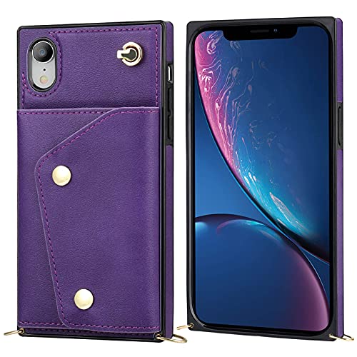 KIHUWEY iPhone Xr Crossbody Case with Wallet Card Holder,Kickstand Wrist Strap Shoulder Cross Body Zipper Purse Bag Cover Case (Purple)