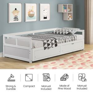 Hanway Twin Daybed with Two Drawers - White Solid Pine Wood Material - Extendable to King Size Bed Frame with Extra Storage Drawers – Elegant Furniture for Compact Rooms