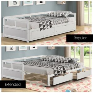 Hanway Twin Daybed with Two Drawers - White Solid Pine Wood Material - Extendable to King Size Bed Frame with Extra Storage Drawers – Elegant Furniture for Compact Rooms