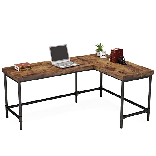 Tribesigns L-Shaped Desk, 67 inch Industrial Reversible Corner Computer Office Desk PC Laptop Study Table Workstation with Metal Pipe Legs for Home Office (Rustic Brown)