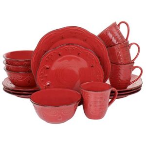 elama embossed scalloped round stoneware dinnerware dish set, 16 piece, red with brown accents