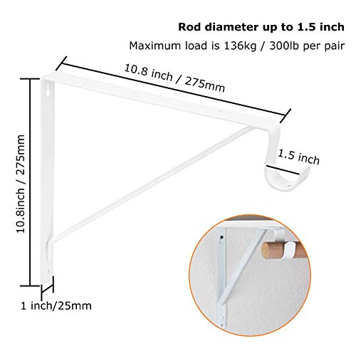 4 Pack Heavy Duty Closet Shelf & Rod Bracket，11 x 10.2 x 1 Inch Clothes Hanger Pole Support Bracket, White Closet Rod Support Hooks Wall Mounted Round Closet Rod Brackets for Tubing, Anchor Hardware