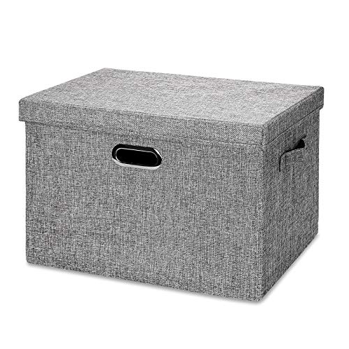 Storage Bins with Lids, Collapsible Linen Fabric Storage Box, Clothes Toy Organizer, Cubes Basket Containers with Cover for Cabinet Bookcase Boxes Home Bedroom(Gray, Large(17.7x11.8x11.8inch))