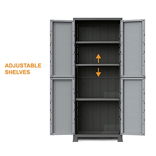 Ram Quality Products Prestige Utility Indoor Outdoor 3 Shelf Tool Storage Organizing Cabinet with Lockable Double Doors, Gray