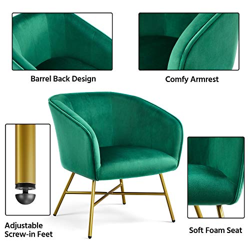 Yaheetech Accent Chair, Modern Velvet Living Room Chair with Mental Legs and Soft Padded, Comfy Side Chair for Bedroom/Office/Study/Waiting Room, Green