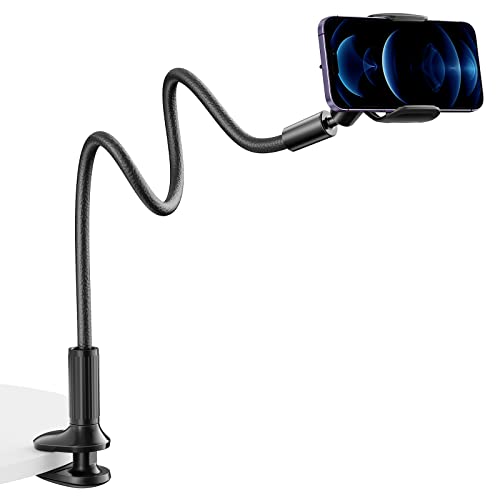 SAIJI Gooseneck Phone Holder for Bed Overall Length 38.6” Flexible Leather Wrapped Arm Overhead Cell Phone Mount Stand with 360° Adjustable Clamp Clip, Compatible with All 4-7” Cellphones (Black)