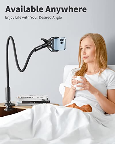 SAIJI Gooseneck Phone Holder for Bed Overall Length 38.6” Flexible Leather Wrapped Arm Overhead Cell Phone Mount Stand with 360° Adjustable Clamp Clip, Compatible with All 4-7” Cellphones (Black)