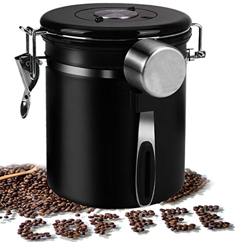 Coffee Container Airtight Coffee Canister, Coffee Stainless Steel Container for the Kitchen, Coffee Ground -One Way Co2 Valve Airtight Coffee Canister (Black,1.5L)…