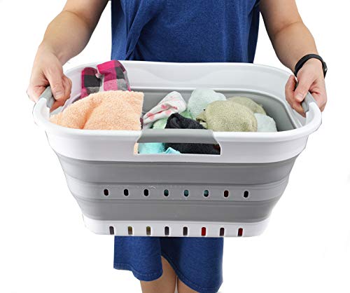 SAMMART 19L (5 gallon) Super Mini Collapsible 3 Handled Plastic Basket - Foldable Pop Up Storage Container/Organizer - Space Saving Hamper/Basket (1, White/Grey)