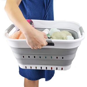 SAMMART 19L (5 gallon) Super Mini Collapsible 3 Handled Plastic Basket - Foldable Pop Up Storage Container/Organizer - Space Saving Hamper/Basket (1, White/Grey)