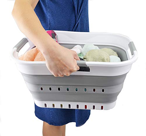 SAMMART 19L (5 gallon) Super Mini Collapsible 3 Handled Plastic Basket - Foldable Pop Up Storage Container/Organizer - Space Saving Hamper/Basket (1, White/Grey)