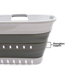 SAMMART 19L (5 gallon) Super Mini Collapsible 3 Handled Plastic Basket - Foldable Pop Up Storage Container/Organizer - Space Saving Hamper/Basket (1, White/Grey)