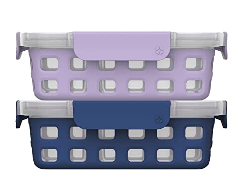 Ello Plastic Divided Container Food Storage Portion Control Set with Locking Leak-Proof Lids, 2 Set 4 Cup, Purple/Blue