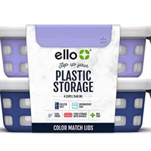 Ello Plastic Divided Container Food Storage Portion Control Set with Locking Leak-Proof Lids, 2 Set 4 Cup, Purple/Blue