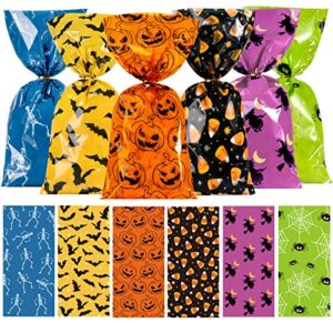 whaline 150pcs halloween cello bags cellophane bags 6 design with twist tie candy treat bags sweet bags pumpkin spider bat bone gift bags orange party favors for halloween day table decor