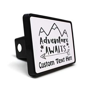 style in print custom trailer hitch cover adventure awaits mountains other hobbies plastic 2 inches truck receiver black border personalized text here
