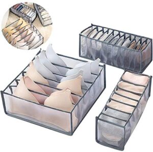 foldable underwear storage box, 3pcs set organizer drawer divider compartment, nylon divider bra socks panty storage bag (gray)
