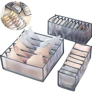 Foldable Underwear Storage Box, 3Pcs Set Organizer Drawer Divider Compartment, Nylon Divider Bra Socks Panty Storage Bag (Gray)