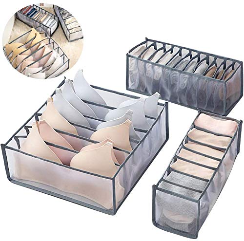 Foldable Underwear Storage Box, 3Pcs Set Organizer Drawer Divider Compartment, Nylon Divider Bra Socks Panty Storage Bag (Gray)