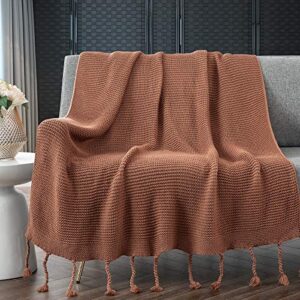 rudong m knitted throw blanket with fringe, amber color knit throw blanket for couch bed sofa 50" x 60"
