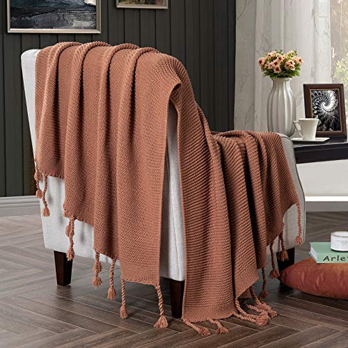 RUDONG M Knitted Throw Blanket with Fringe, Amber Color Knit Throw Blanket for Couch Bed Sofa 50" x 60"