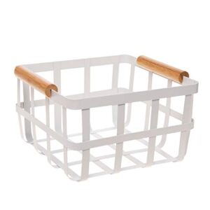 simplify square metal storage basket with bamboo handles | medium | farmhouse style wire basket | home organizer | decorative | rustic | white