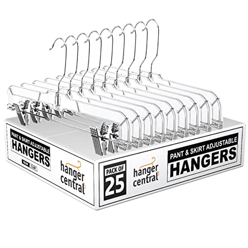 Hanger Central Space Saving Heavy Duty Slim Clear Pants Hangers, Ridged Non-Slip with Adjustable Pinch Clips, 360-Rotating Chrome Swivel Hook, 14 Inch, 25 Pack