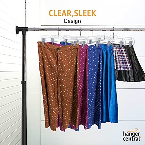 Hanger Central Space Saving Heavy Duty Slim Clear Pants Hangers, Ridged Non-Slip with Adjustable Pinch Clips, 360-Rotating Chrome Swivel Hook, 14 Inch, 25 Pack