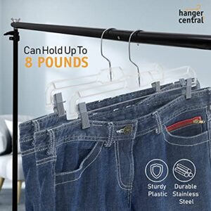 Hanger Central Space Saving Heavy Duty Slim Clear Pants Hangers, Ridged Non-Slip with Adjustable Pinch Clips, 360-Rotating Chrome Swivel Hook, 14 Inch, 25 Pack