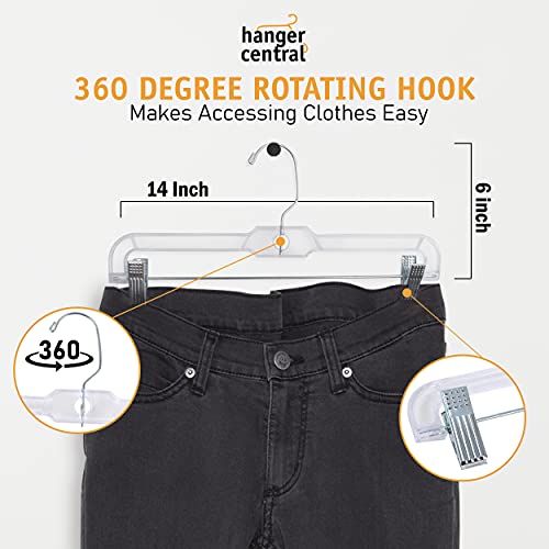 Hanger Central Space Saving Heavy Duty Slim Clear Pants Hangers, Ridged Non-Slip with Adjustable Pinch Clips, 360-Rotating Chrome Swivel Hook, 14 Inch, 25 Pack