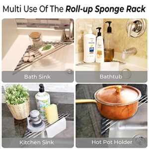 Roll Up Sponge Holder for Counter, Sink Organizer for Kitchen, Bathroom, Laundry Room, 304-Stainless Steel Sink Organizer for Sponge, Brush, Scrubber, Soap Dispenser Holder, Dish Drying Rack (Gray)