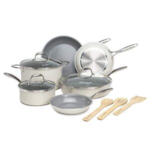goodful ceramic nonstick cooking set, titanium-reinforced premium non-stick coating, dishwasher safe pots and pans, tempered glass steam vented lids, stainless steel handles, 12-piece, cream