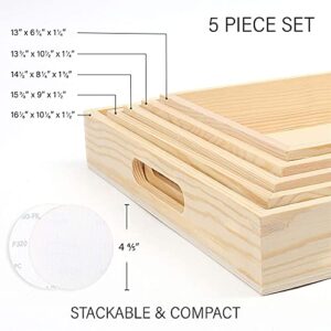 LotFancy Wooden Nested Serving Trays, Set of 5, Unfinished Natural Wood Trays with Handles, for Craft and Decor, Food Organizer for Breakfast, Lunch, Dinner