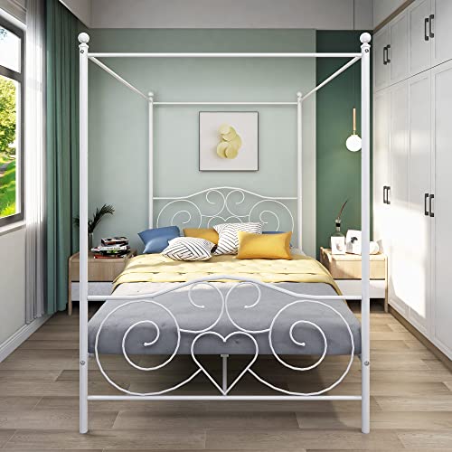 Canopy Bed Frame Platform Bed Frame Morden Design Heavy Duty Steel Slat and Support with Headboard and Footboard No Box Spring Required (Full, White)