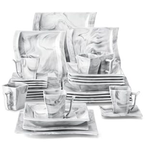 malacasa dinnerware sets, 30 piece porcelain square plates and bowls sets for 6, marble grey dinner set with dishes, dinner plate set, cups and saucers, modern dinnerware set, series flora