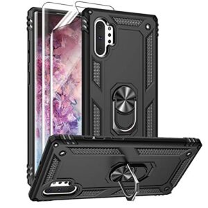 androgate for samsung galaxy note 10 plus case, note10+ case with hd screen protectors, military-grade metal ring holder stand drop tested shockproof cover case for samsung note 10+/ 5g black